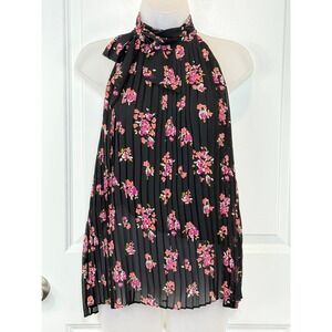 ELLE Black Floral Pleated Halter Neck Top Womens XL Blouse Shirt Evening X-Large